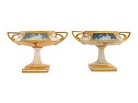 A Pair of Mintons Pâte-sur-Pâte Ivory and Slate Blue Oval Tazze