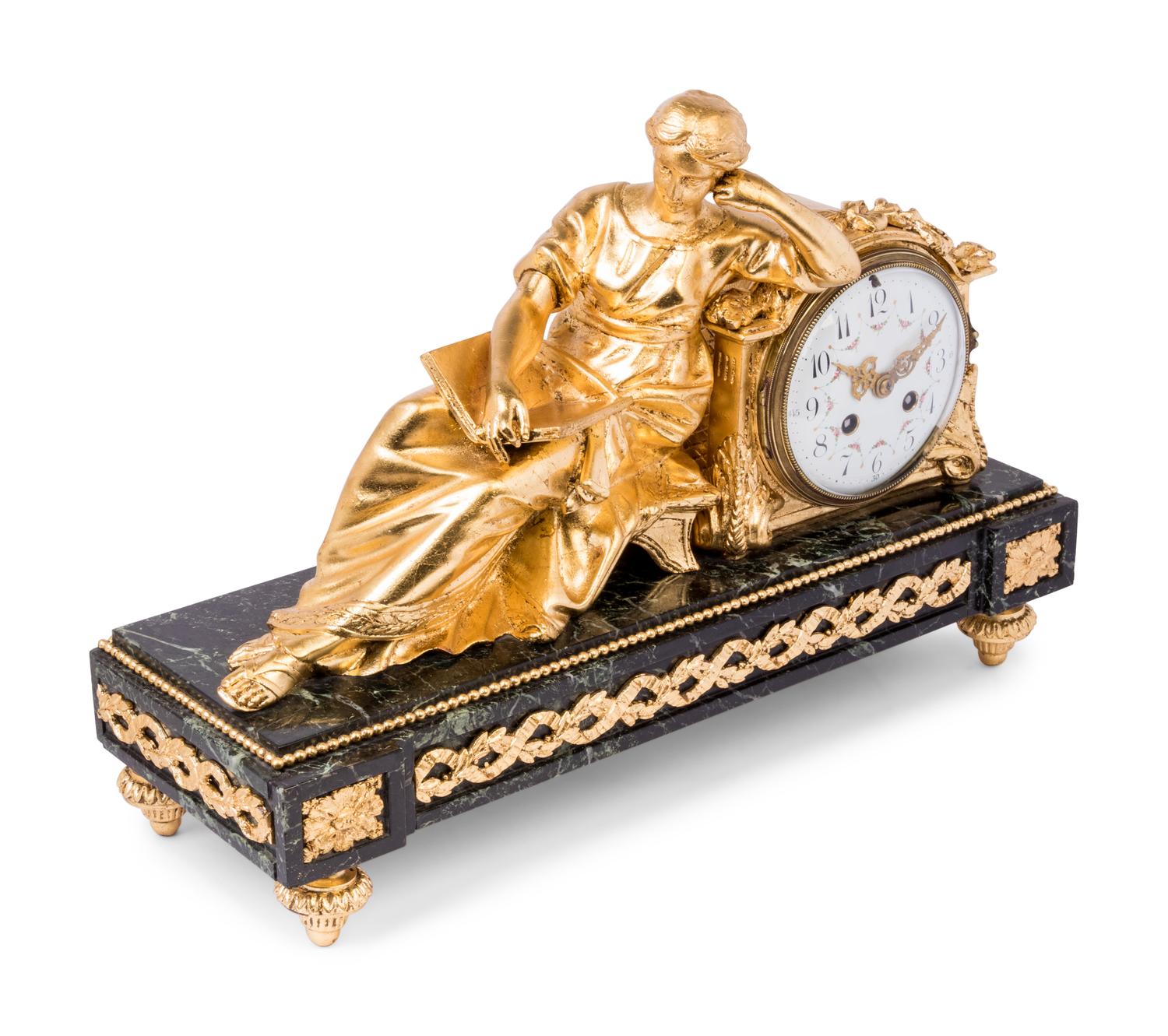 A French Gilt Bronze and Marble Figural Mantel Clock