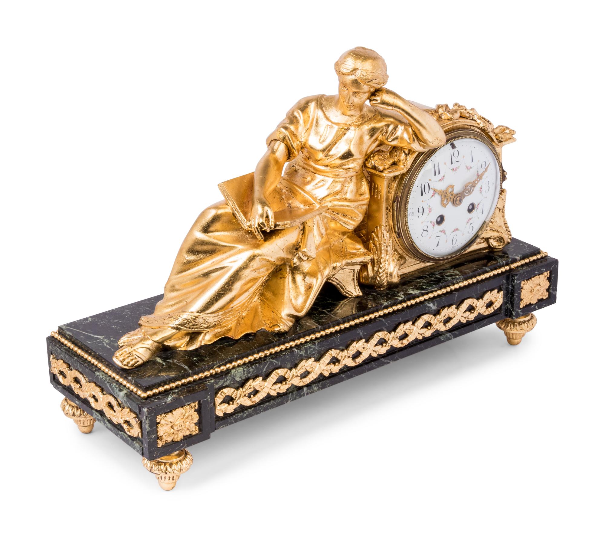 A French Gilt Bronze and Marble Figural Mantel Clock