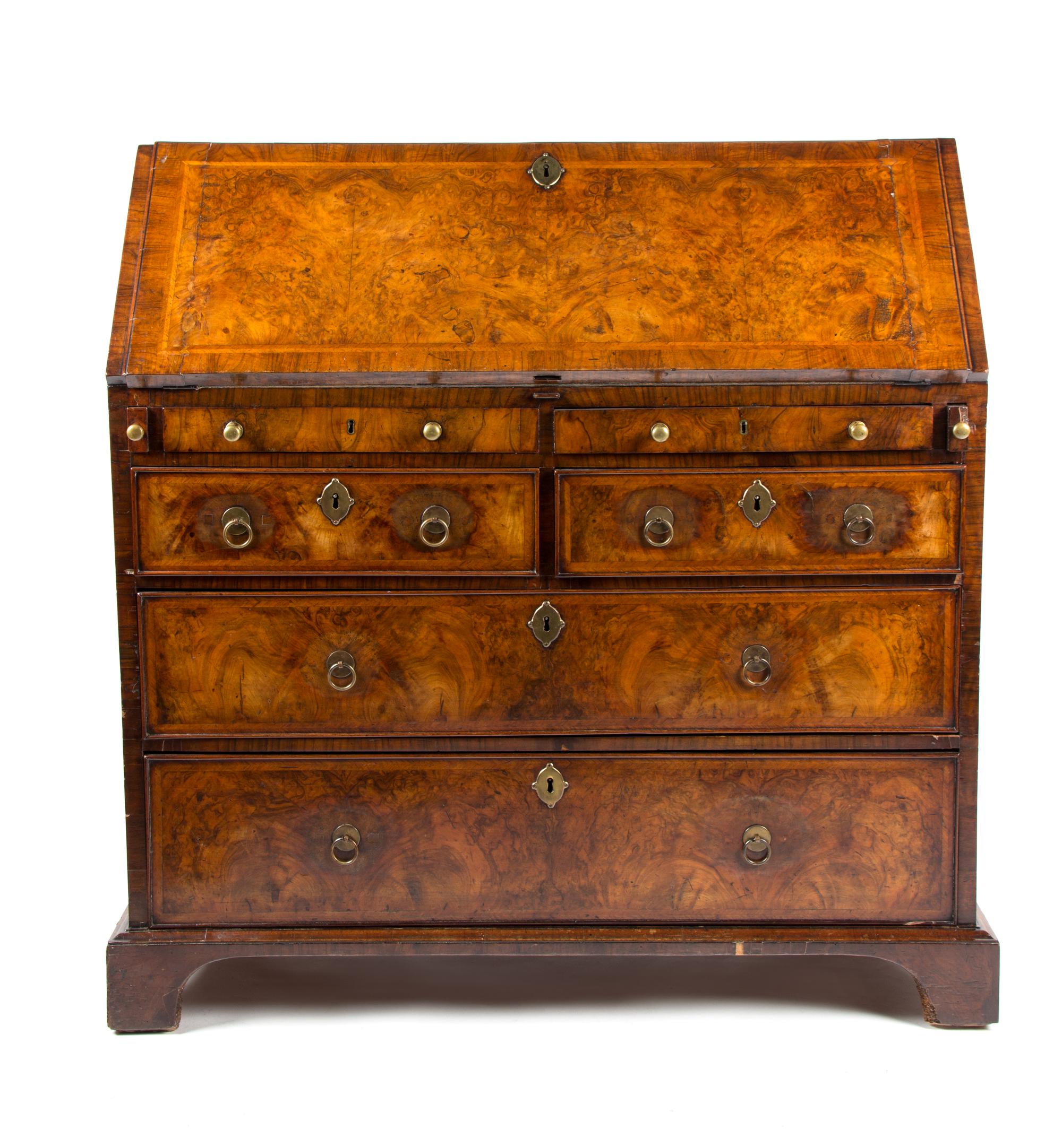 A George I Burl Walnut Veneer Slant Front Desk Height 40 x width 39 x depth 20 inches. — 18TH CENTURY