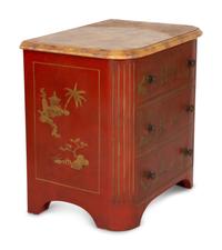 A Red and Gilt Chinoiserie Decorated Commode with Faux Marble Top
