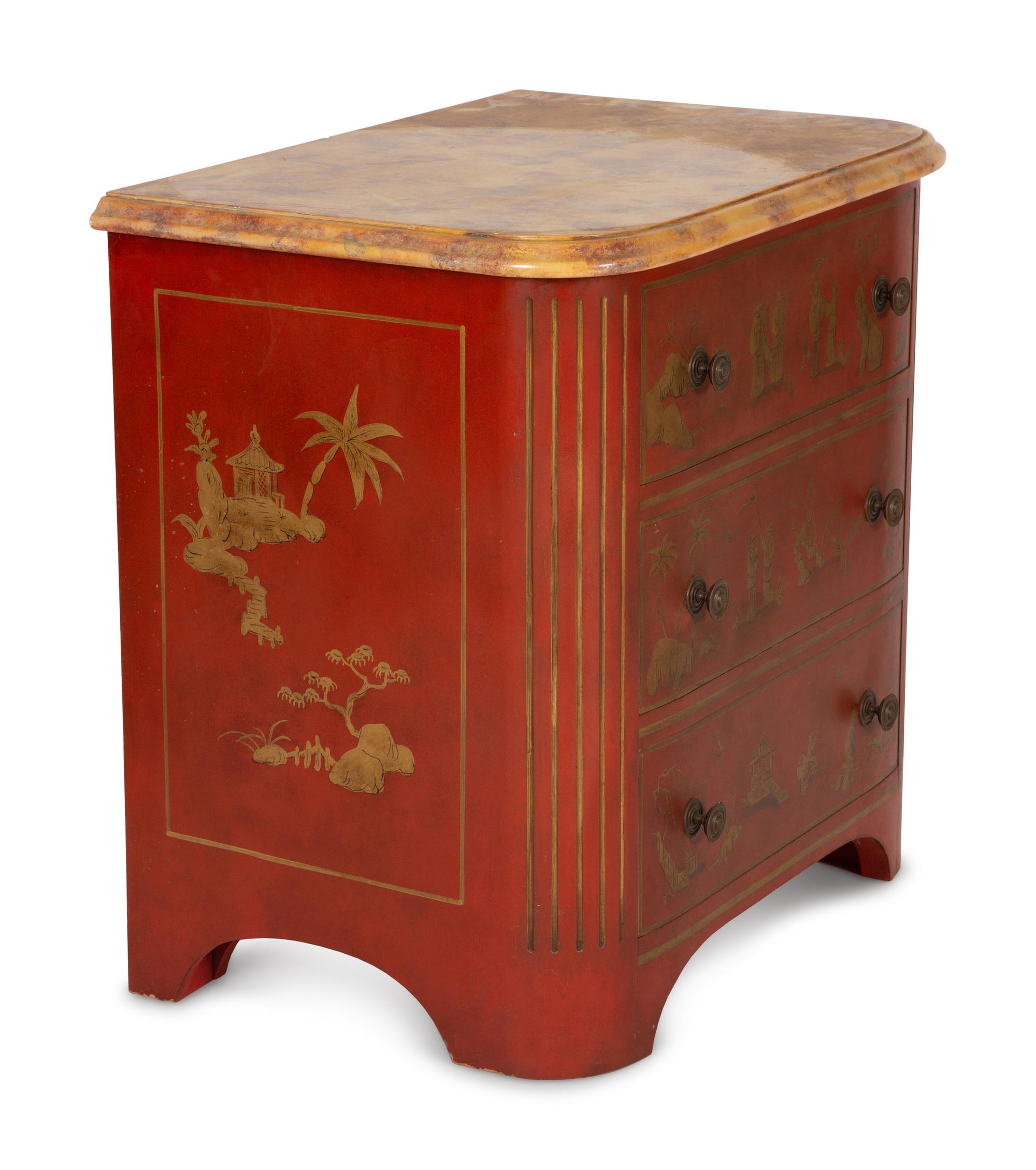A Red and Gilt Chinoiserie Decorated Commode with Faux Marble Top