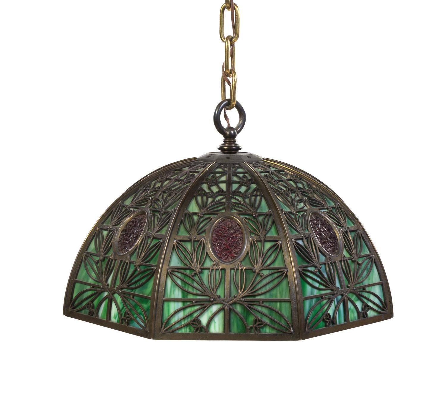 An American Green Slag Glass Fixture, Width 18 1/4 inches.