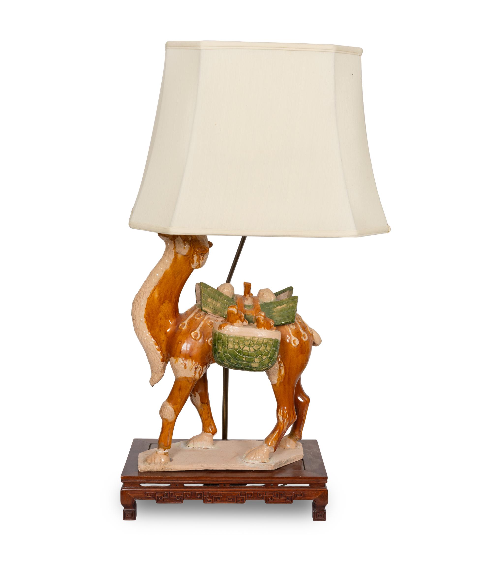 A Chinese Sancai Glazed Ceramic Camel-Form Lamp