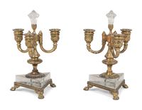 A Pair of Pairpoint Gilt Metal Mounted Etched Glass Three-Light Candelabra