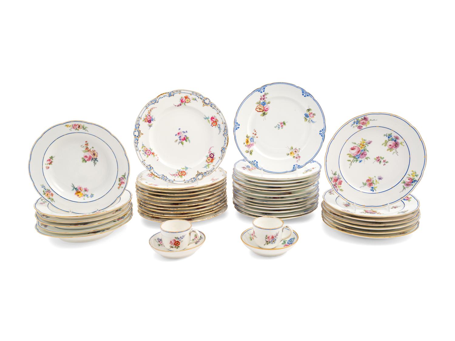An Assembled Sèvres Porcelain Part Service Painted with Loose Bouquets ( Fleurs Détachées )