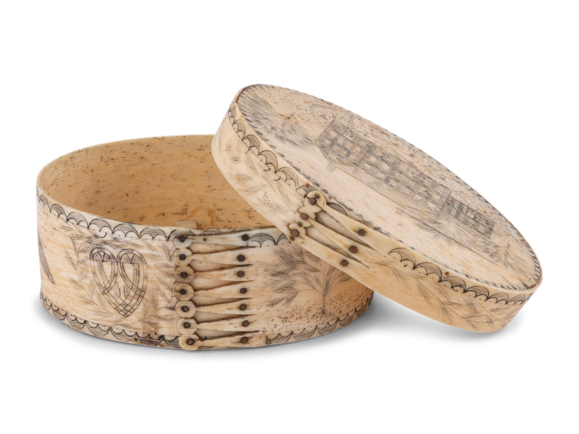An Unusual Scrimshaw Panbone Oval Ditty Box With Engraved Surfaces and Panbone Bottom