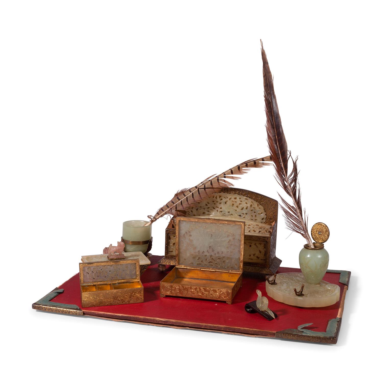 An Assembled Jade, Glass and Brass Desk Set