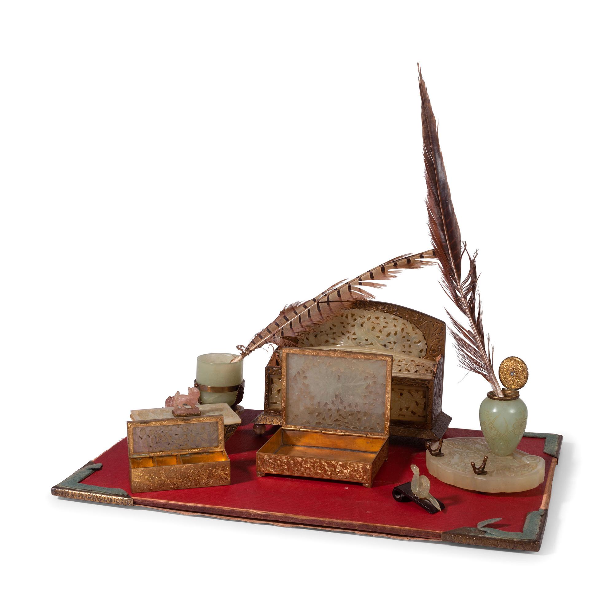 An Assembled Jade, Glass and Brass Desk Set
