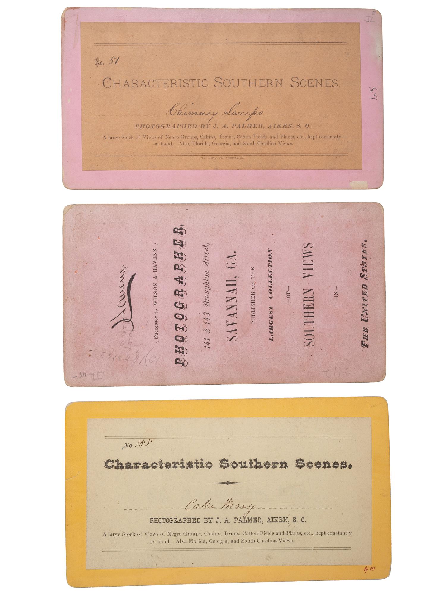 [EARLY PHOTOGRAPHY]. PALMER, J.A. (1825-1896), and HAVENS, O. Pierre (1838-1912), photographers. A group of 3 stereoviews of African American subjects, incl. "Chimney Sweeps" and "Cake Mary." Ca 1870s-1880s.