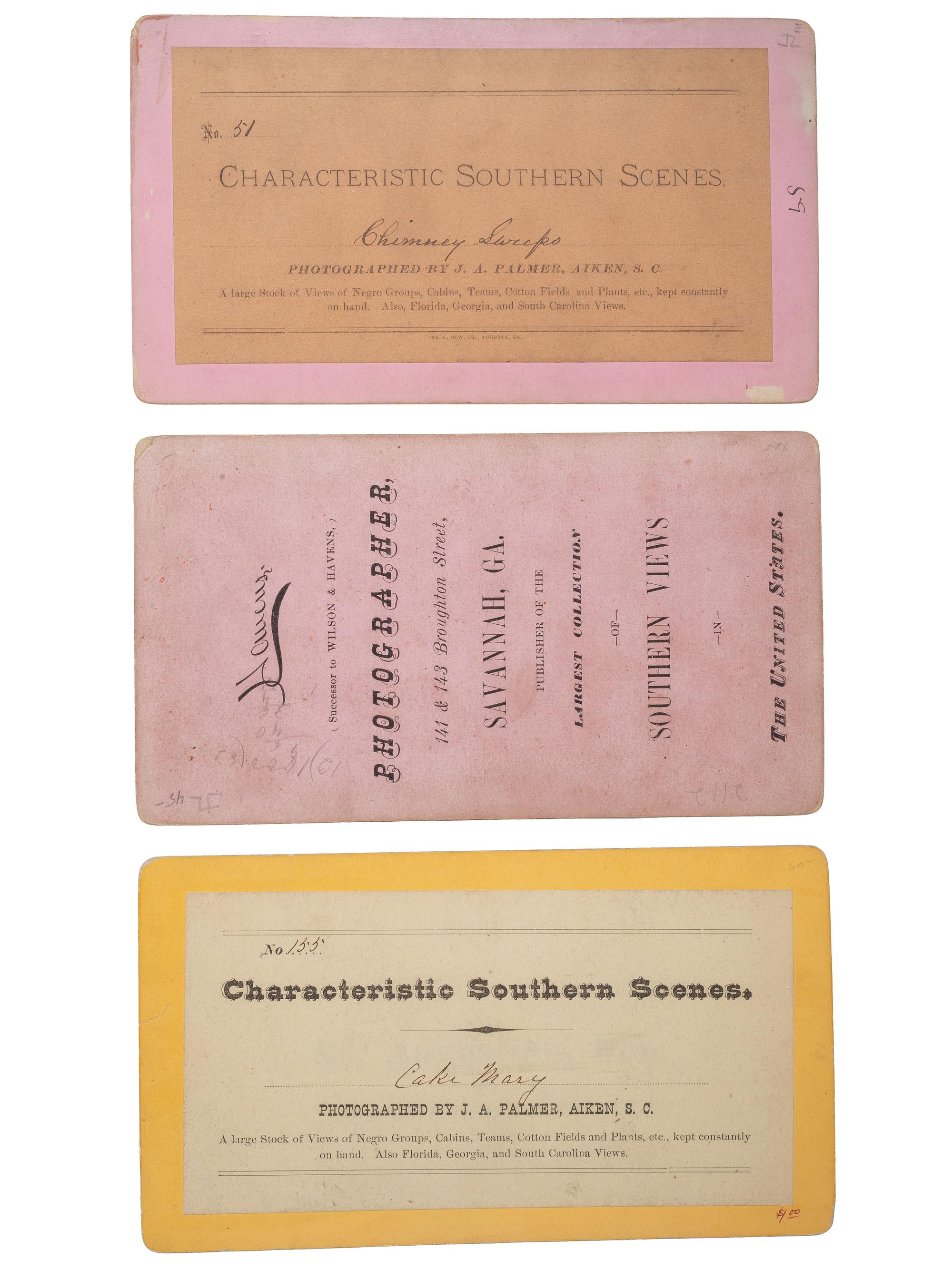 [EARLY PHOTOGRAPHY]. PALMER, J.A. (1825-1896), and HAVENS, O. Pierre (1838-1912), photographers. A group of 3 stereoviews of African American subjects, incl. "Chimney Sweeps" and "Cake Mary." Ca 1870s-1880s.
