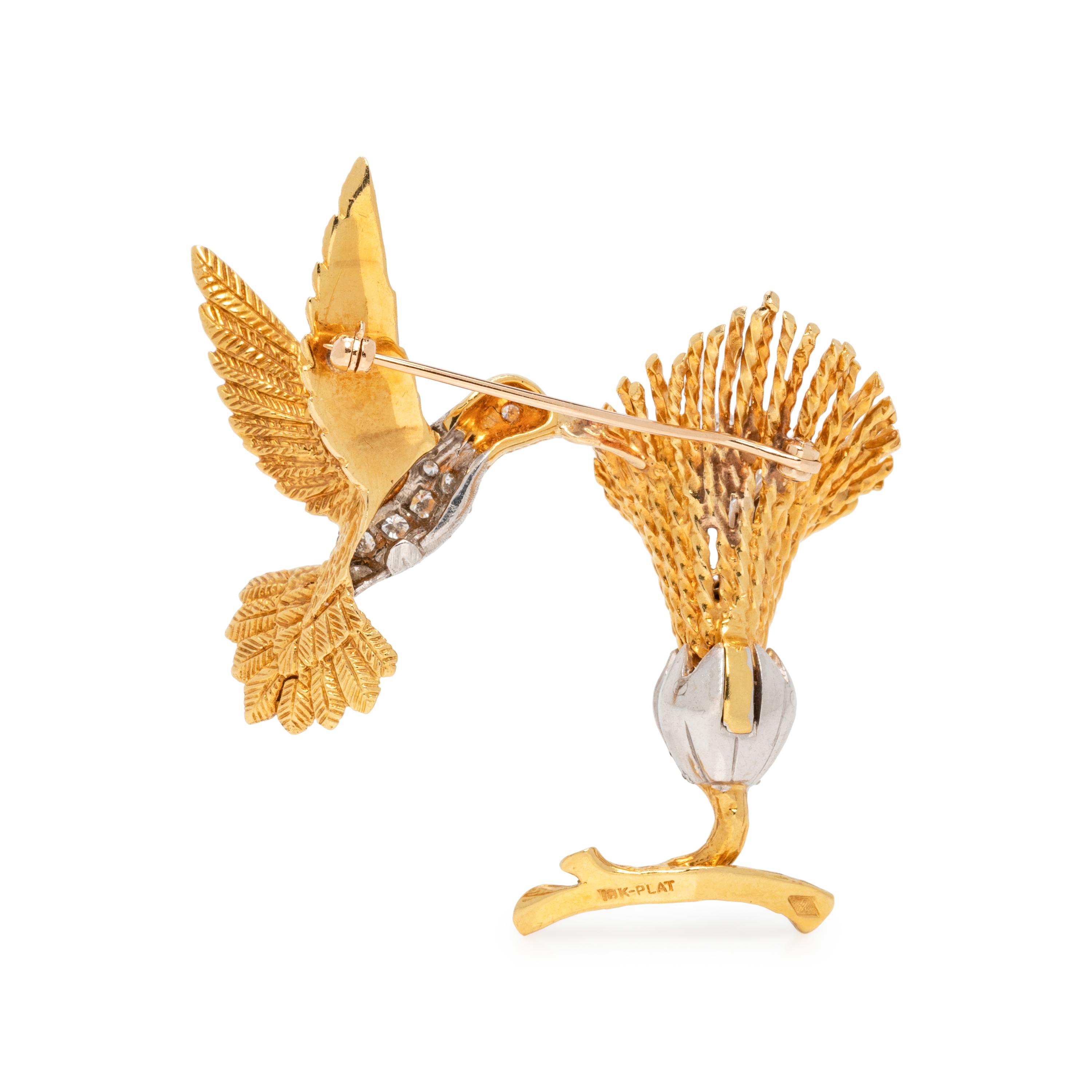 SOLD: YELLOW GOLD AND DIAMOND HUMMINGBIRD BROOCH