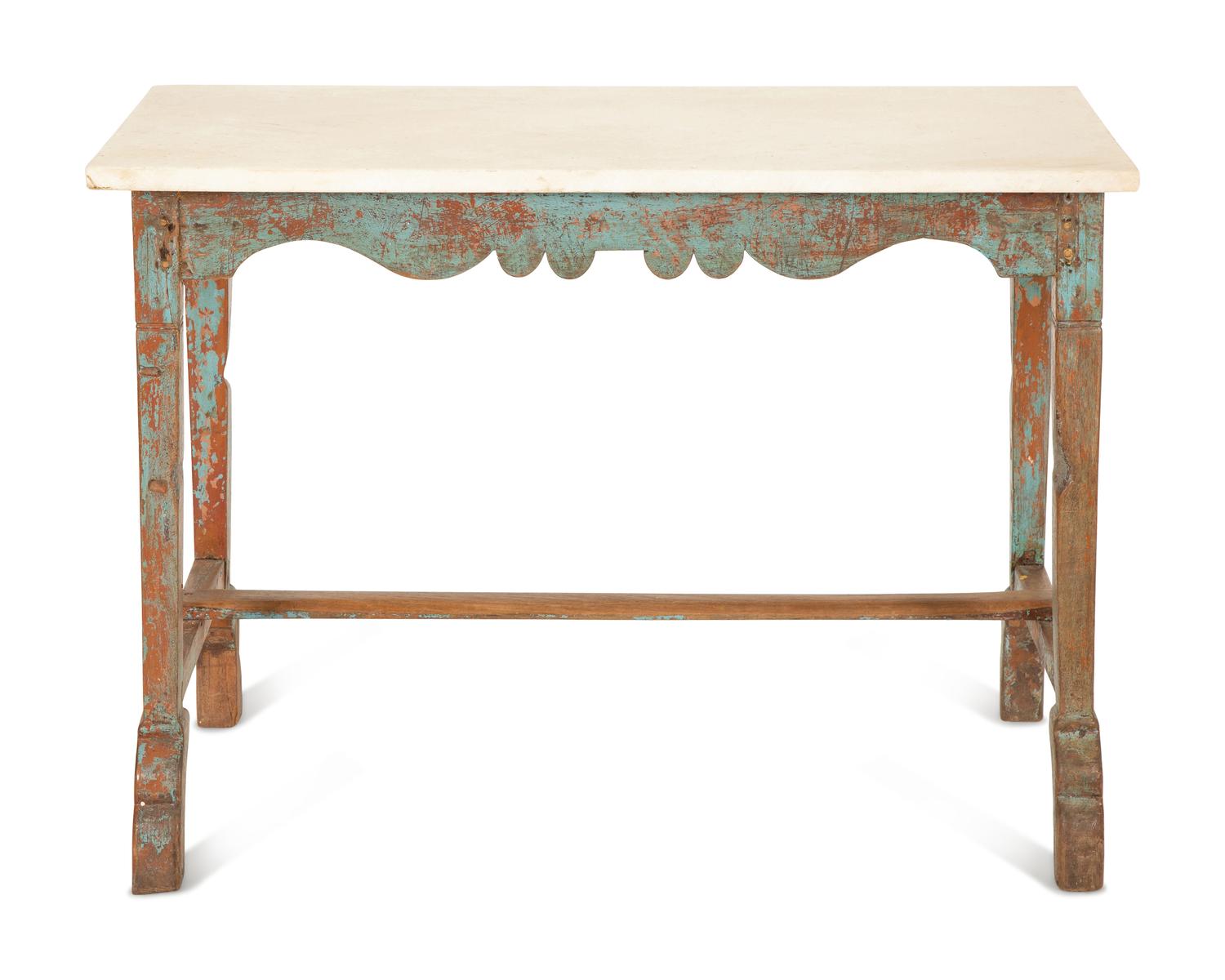 A Swedish Carved and Painted Oak White Marble Top Table — 19th/20th Century