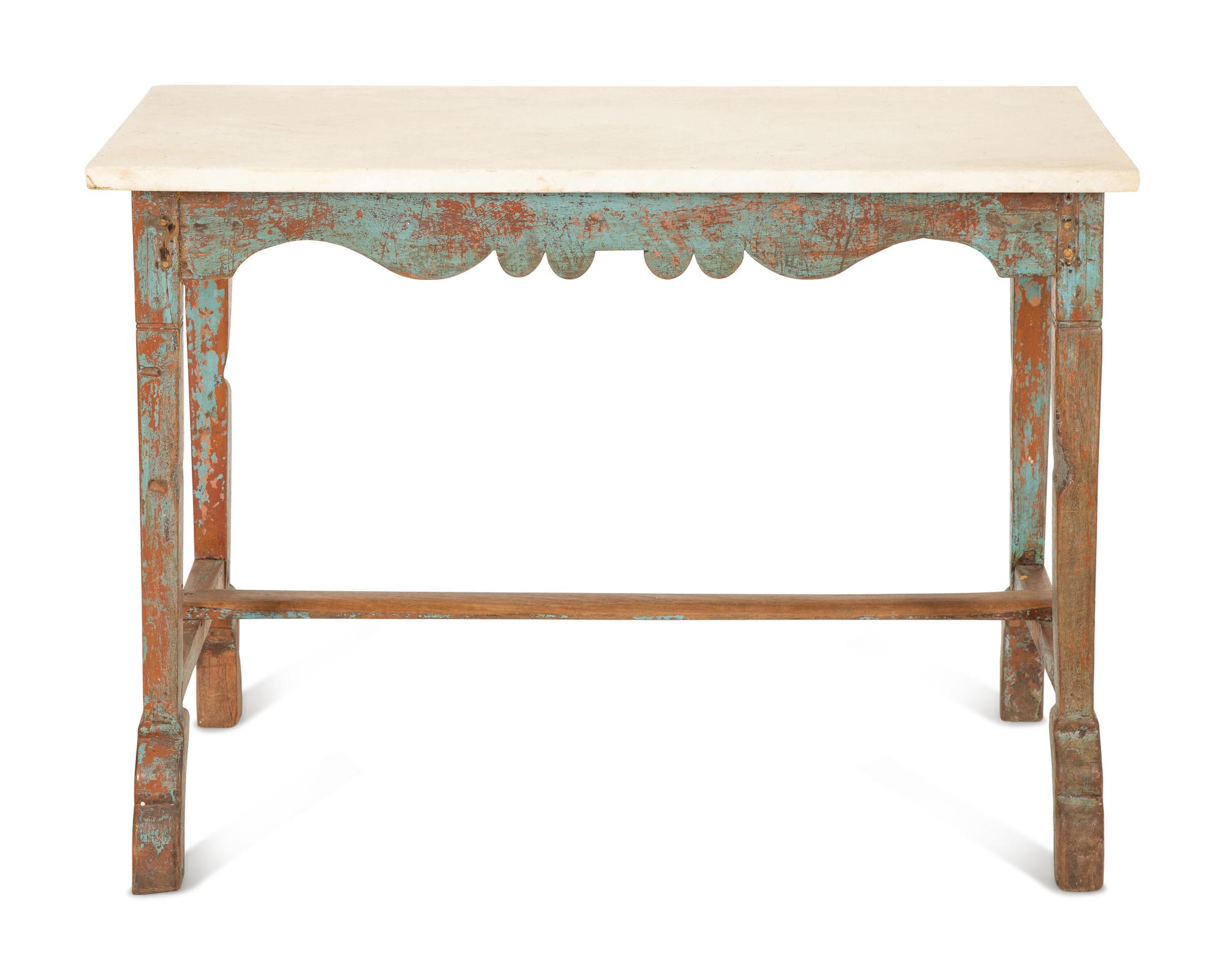 A Swedish Carved and Painted Oak White Marble Top Table — 19th/20th Century