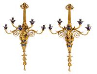 A Pair of French Gilt Bronze and Champleve Five-Light Sconces Height 41 1/2 inches. — 20TH CENTURY