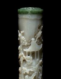 A Pair of Carved Celadon Jade Cylindrical Parfumiers