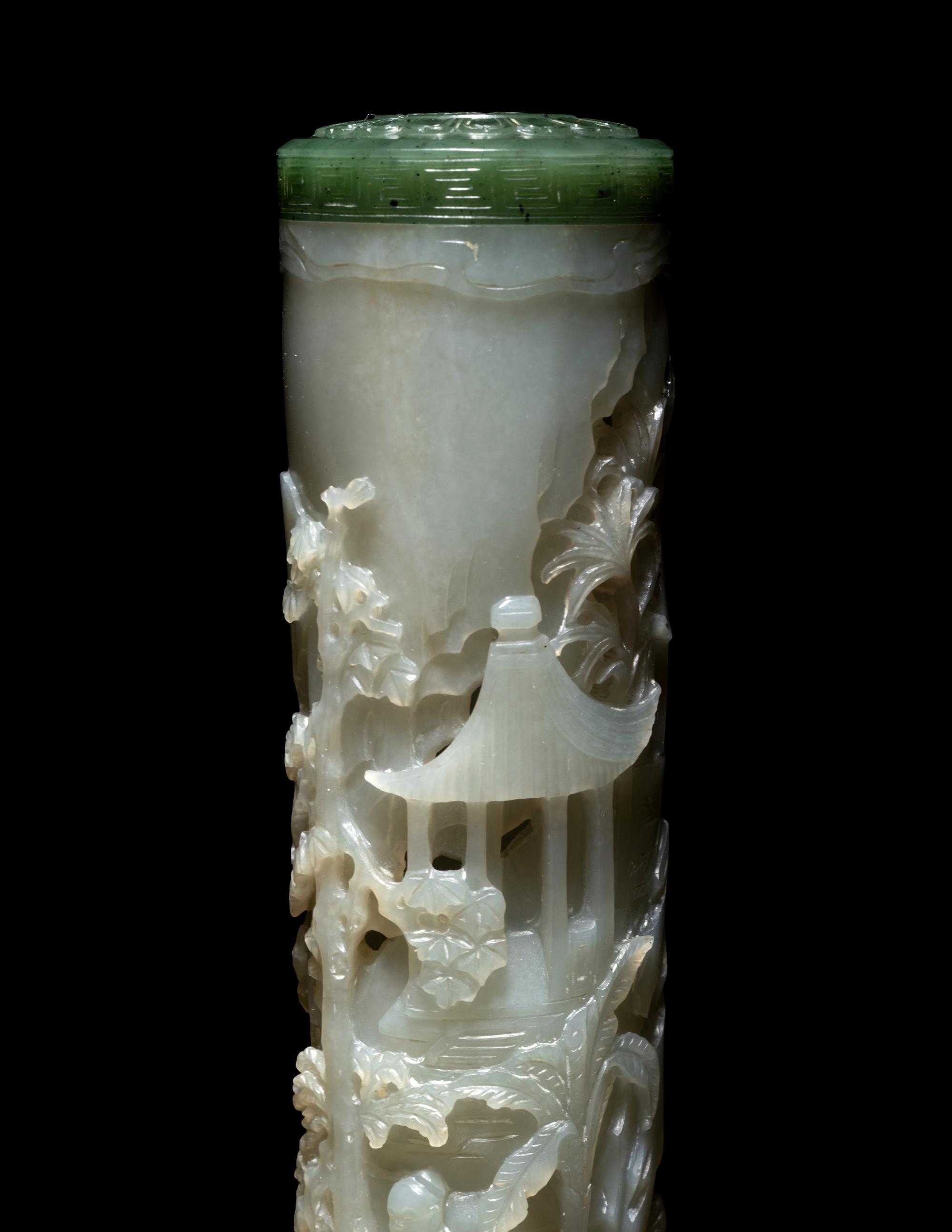 A Pair of Carved Celadon Jade Cylindrical Parfumiers