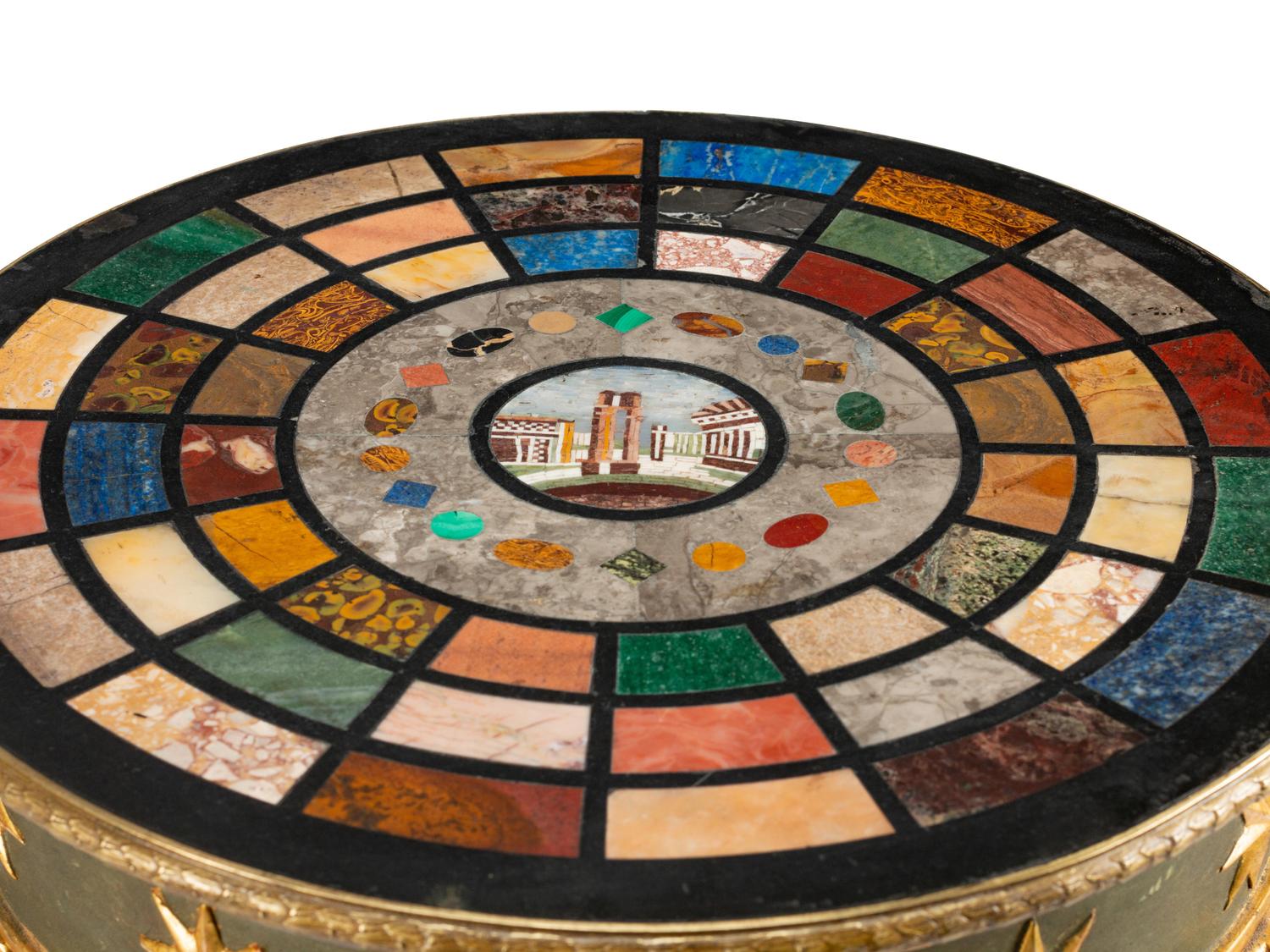 A Pair of Neoclassical Style Painted and Parcel Gilt Pedestals with Specimen Marble and Micromosaic Tops