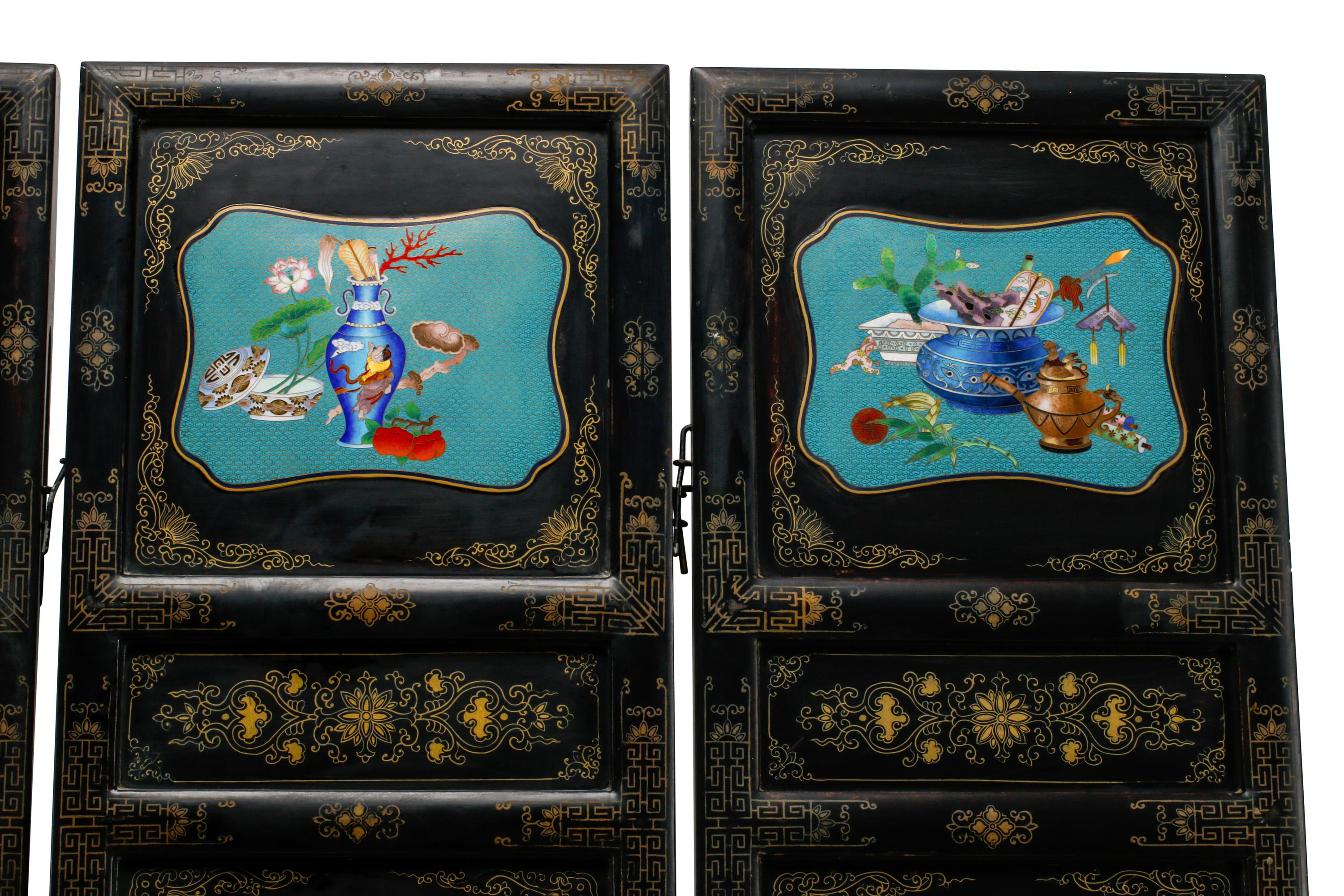 A Chinese Lacquer and Cloisonné Six-Panel Screen