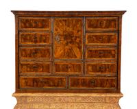 A William & Mary Style Cross-Banded Burlwood Cabinet on a Giltwood Stand