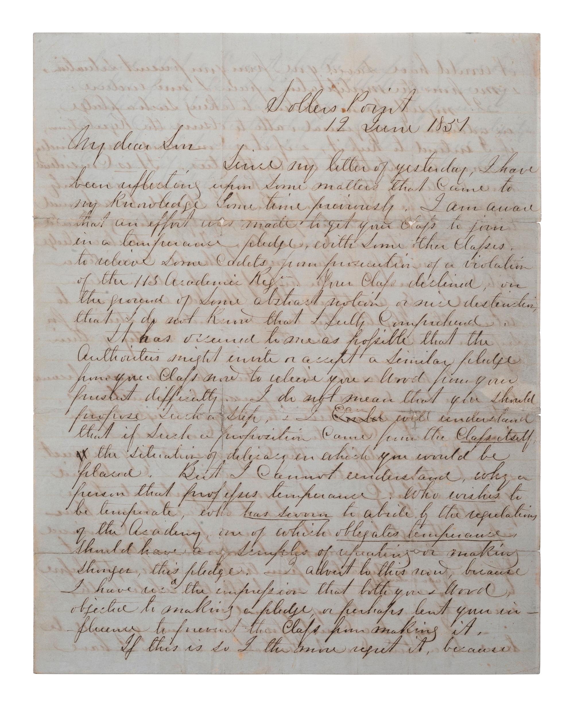 LEE, Robert E. (1807-1870). Autograph letter signed ("R. E. Lee") as commandant at West Point, to George Washington Custis Lee (1832-1913). Sollers Point, 19 June 1851.