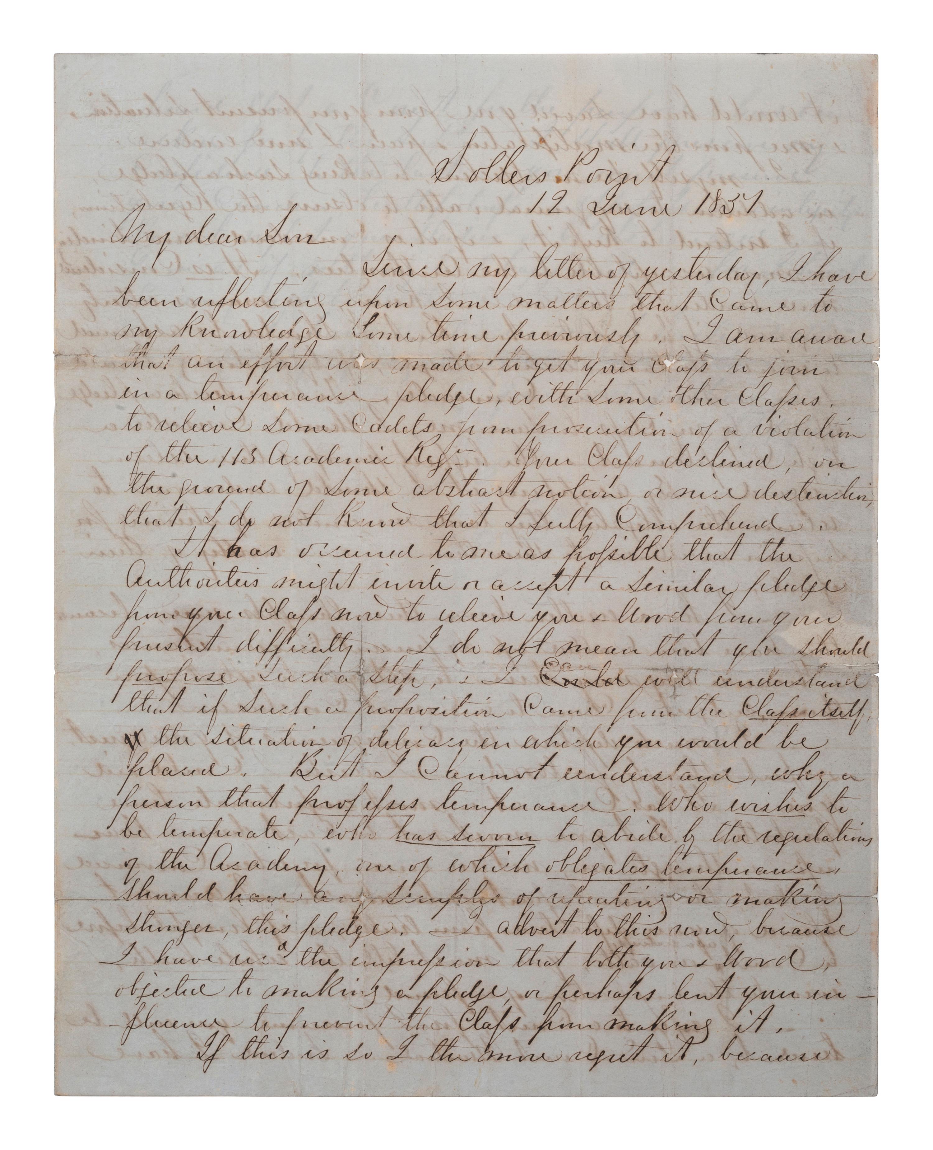LEE, Robert E. (1807-1870). Autograph letter signed ("R. E. Lee") as commandant at West Point, to George Washington Custis Lee (1832-1913). Sollers Point, 19 June 1851.