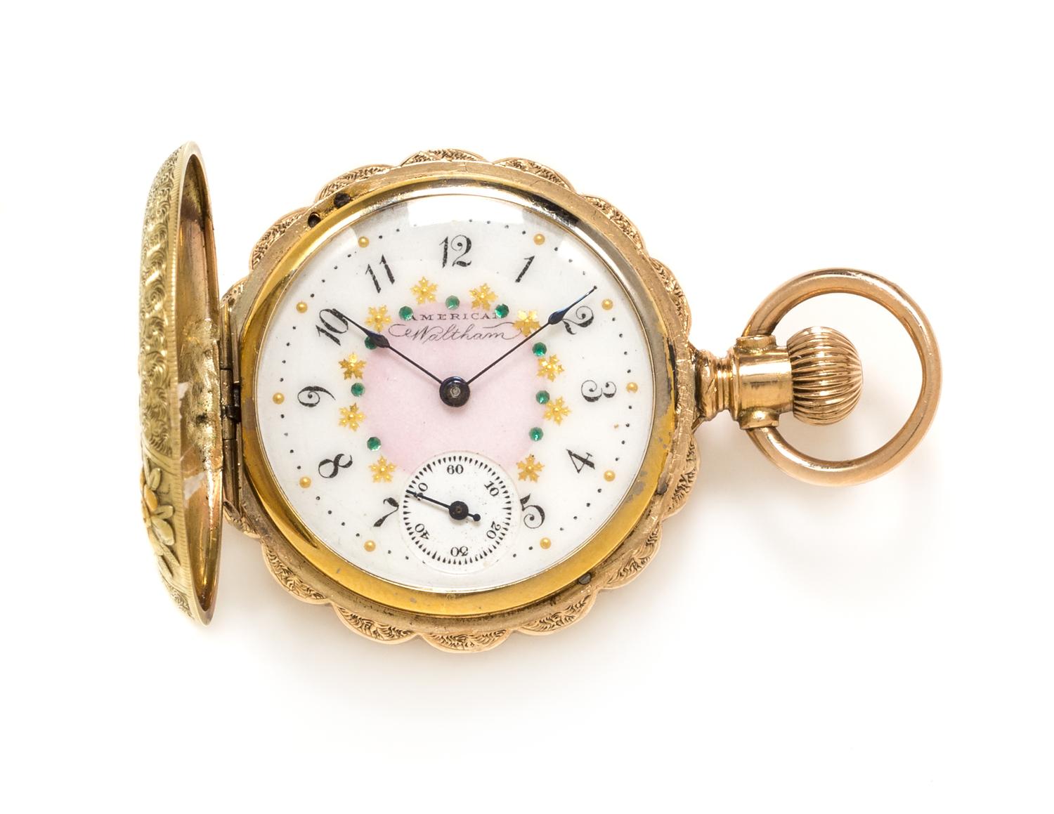 A 14 Karat Tricolor Gold Hunter Case Pocket Watch, Waltham, Circa 1891, 26.10 dwts.