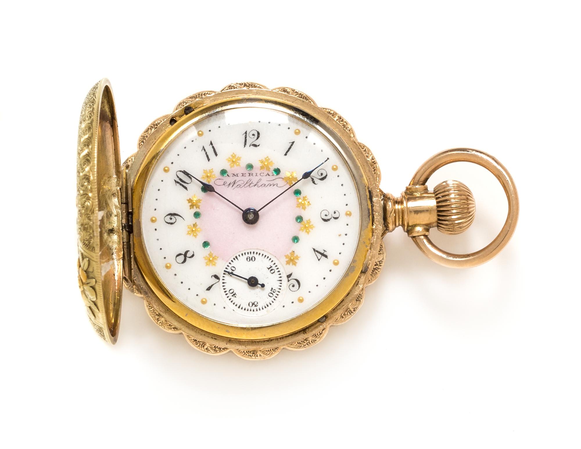 A 14 Karat Tricolor Gold Hunter Case Pocket Watch, Waltham, Circa 1891, 26.10 dwts.