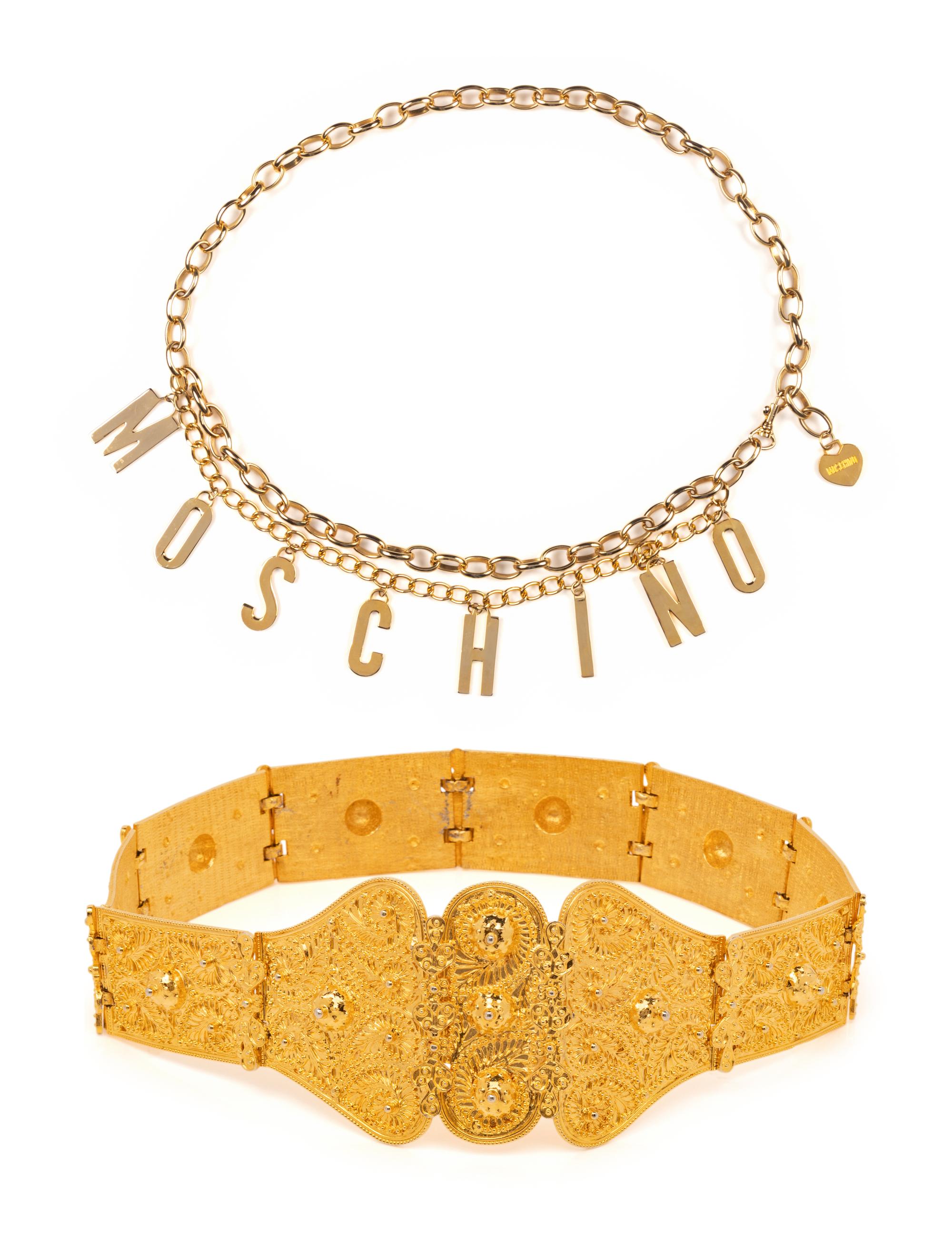 Two Designer Metal Belts, Moschino and Judith Leiber