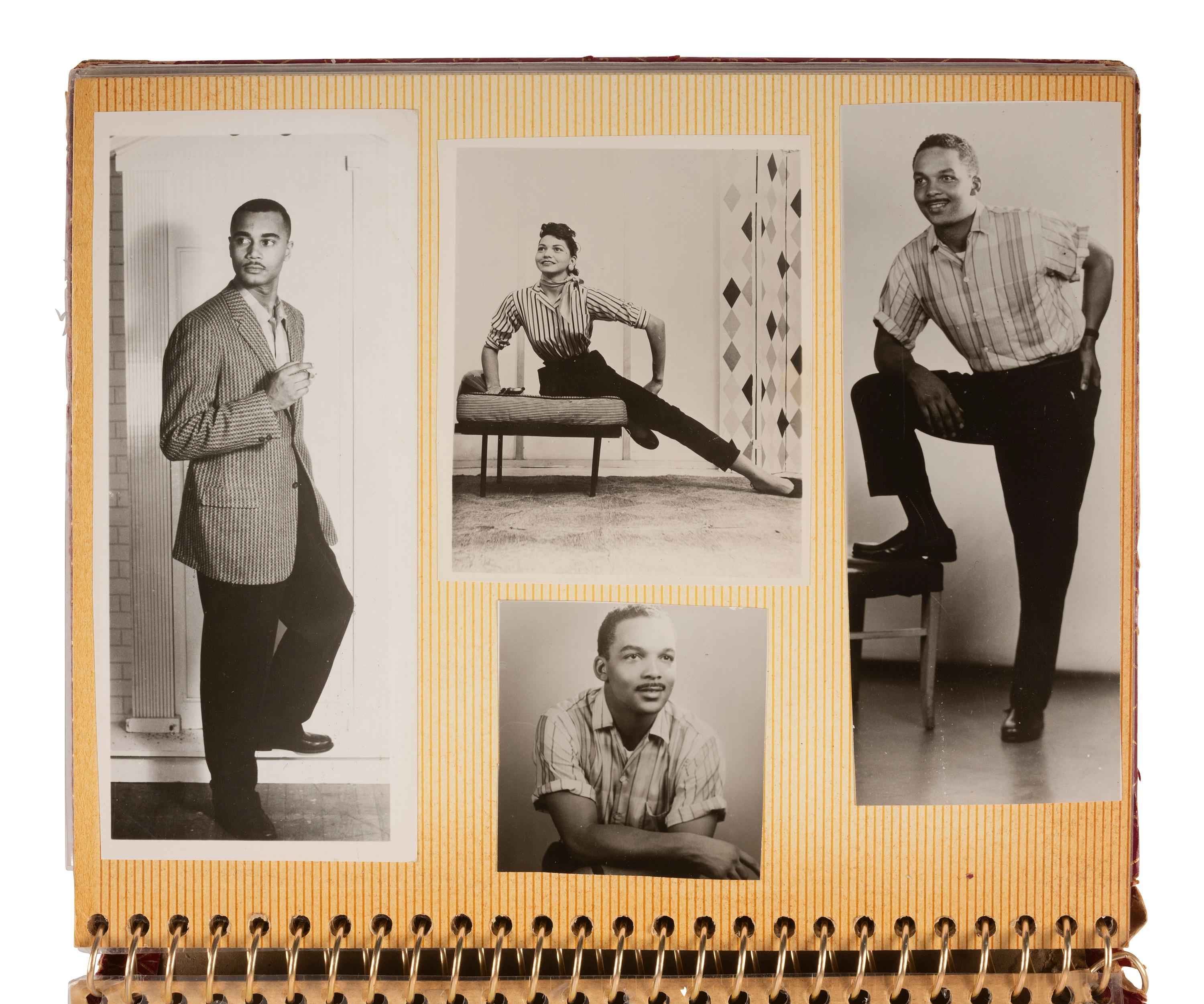 [EARLY PHOTOGRAPHY]. Photograph album containing modeling portraits and headshots of African American men and women incl. Trudy Daniels Haynes and Mexican actress Lourdes "Lulu" Guerrero. Ca 1950s-1960s.
