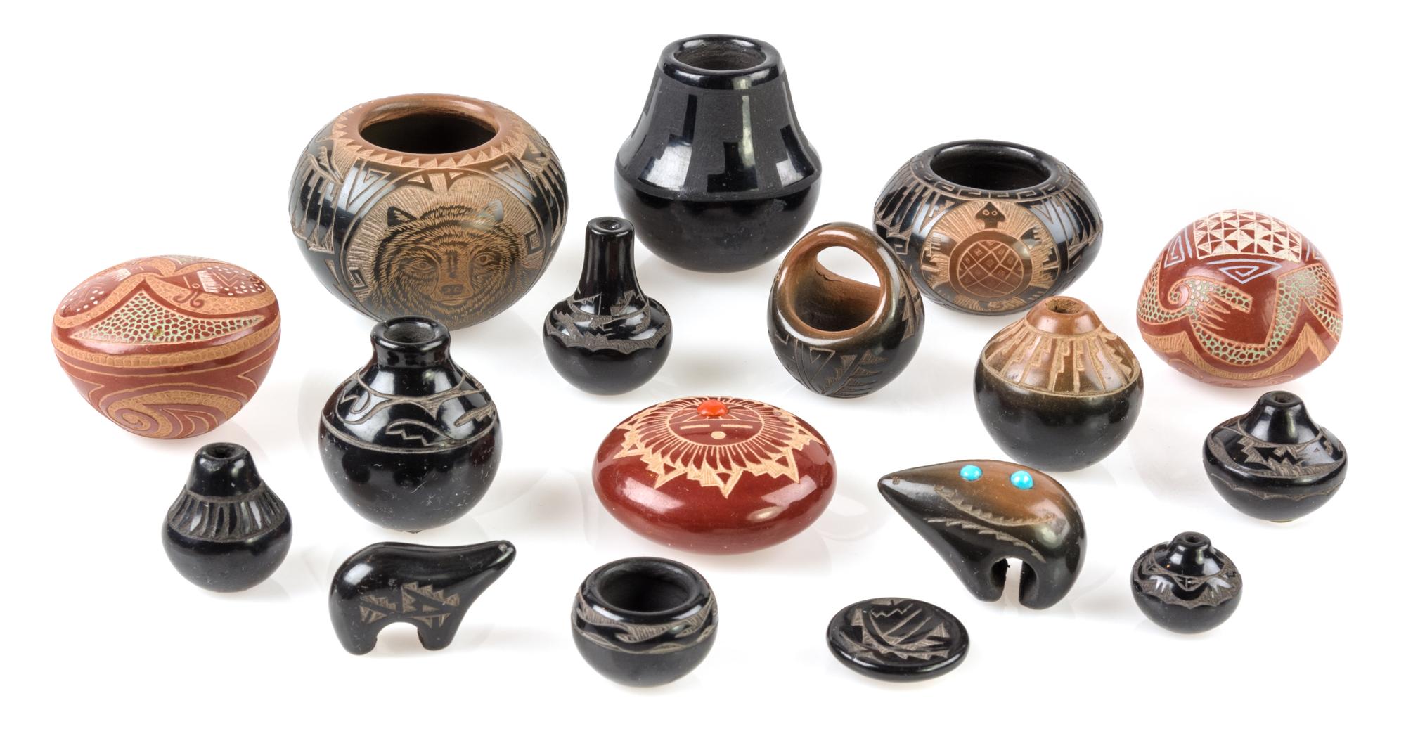A Group of Seventeen Santa Clara Redware and Blackware Pottery Articles Height of tallest 1 1/2 inches. — Various Makers
