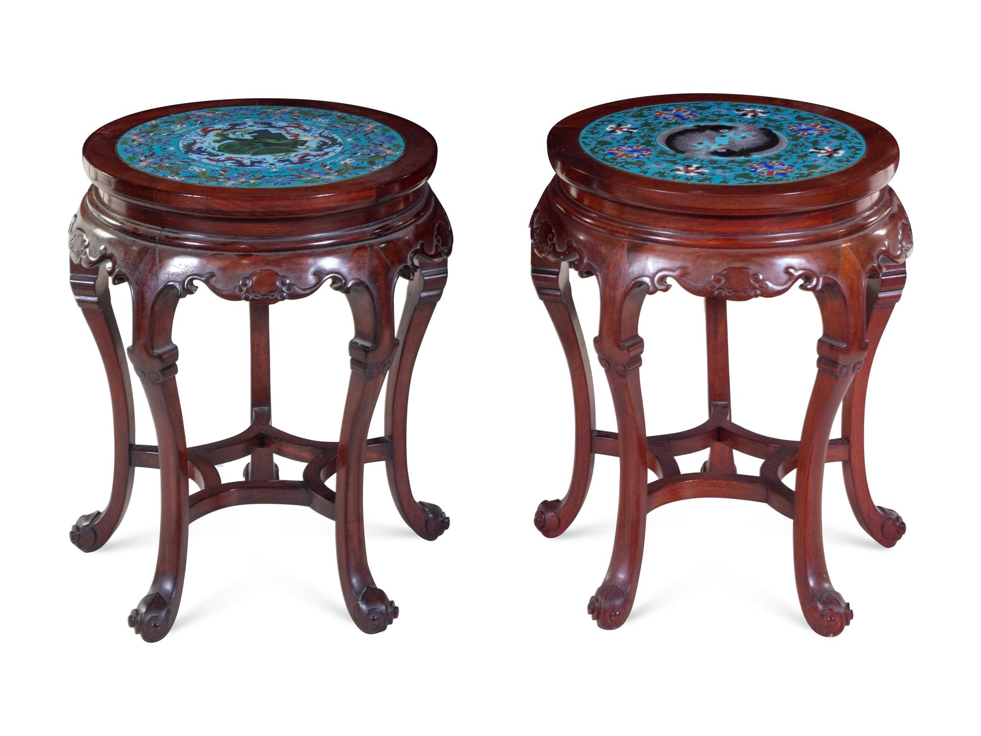 A Pair of Chinese Cloisonné Inset Hardwood Stools