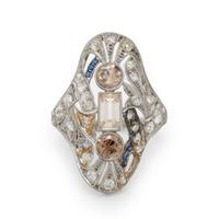 COLORED DIAMOND, DIAMOND, AND SYNTHETIC SAPPHIRE NAVETTE RING