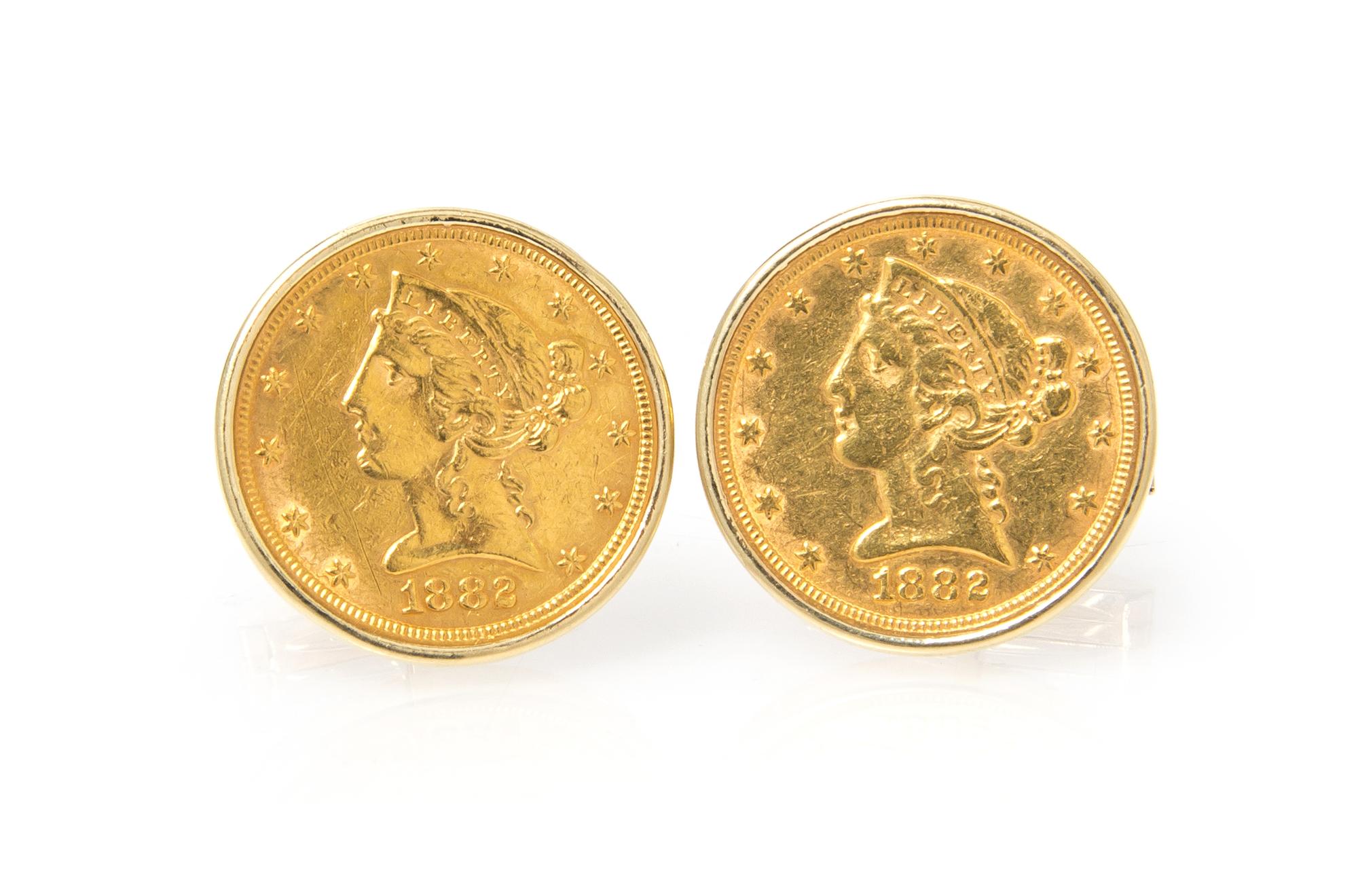 A Pair of 14 Karat Yellow Gold US $5 Liberty Coin Cufflinks, 15.40 dwts.