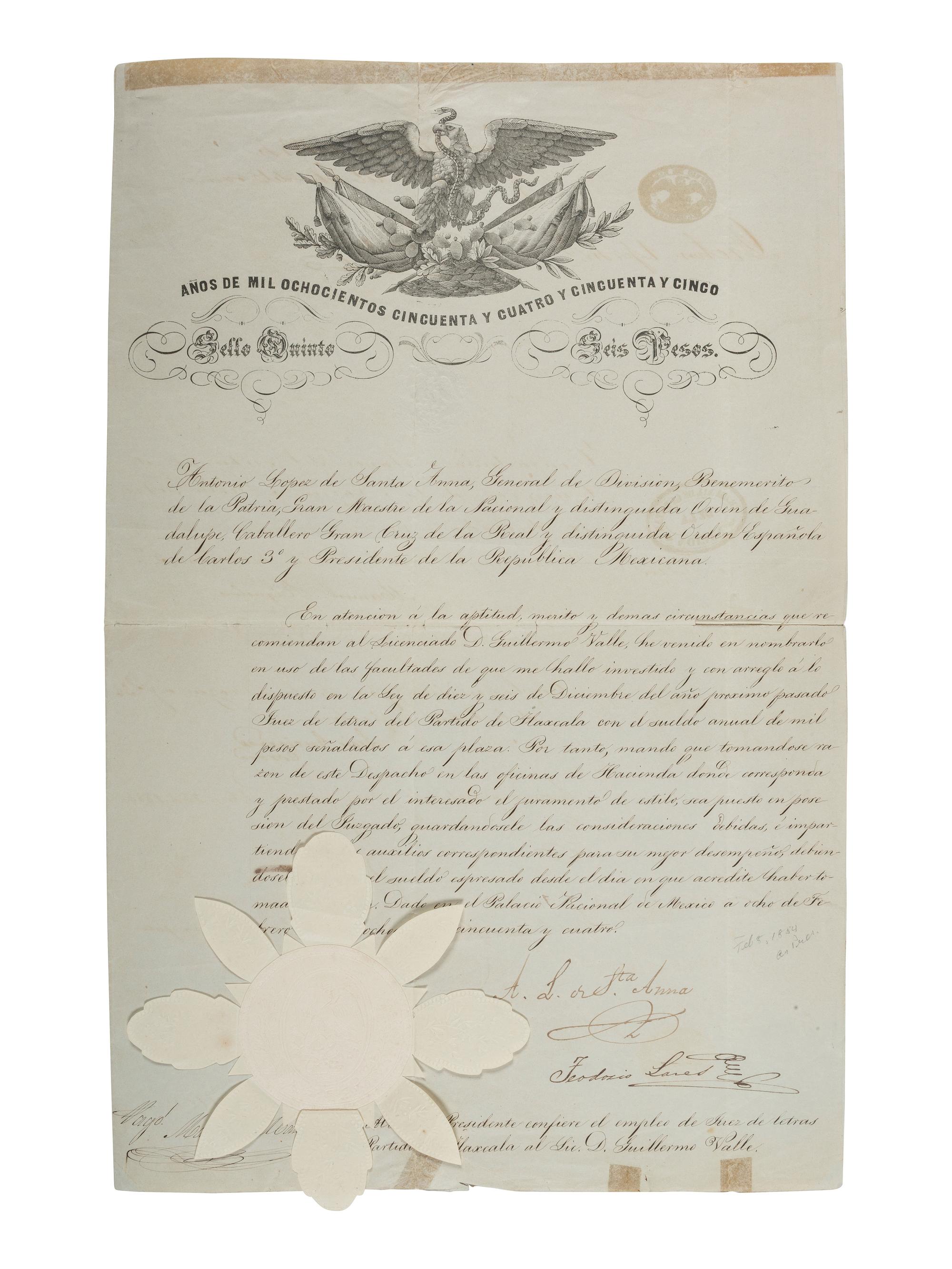 SANTA ANNA, Antonio López de (1794-1876). Document signed as President of Mexico, 8 February 1854.