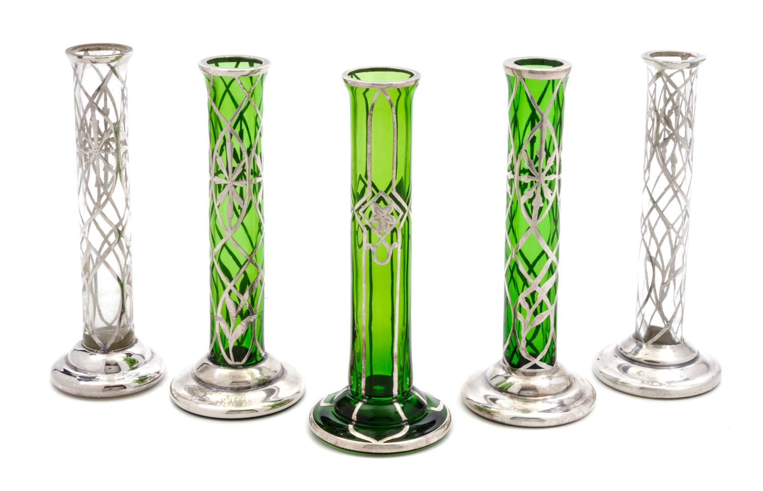 Five Silver Overlay Glass Bud Vases Height 6 3/8 inches.