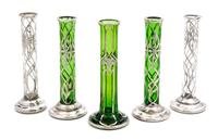 Five Silver Overlay Glass Bud Vases Height 6 3/8 inches.