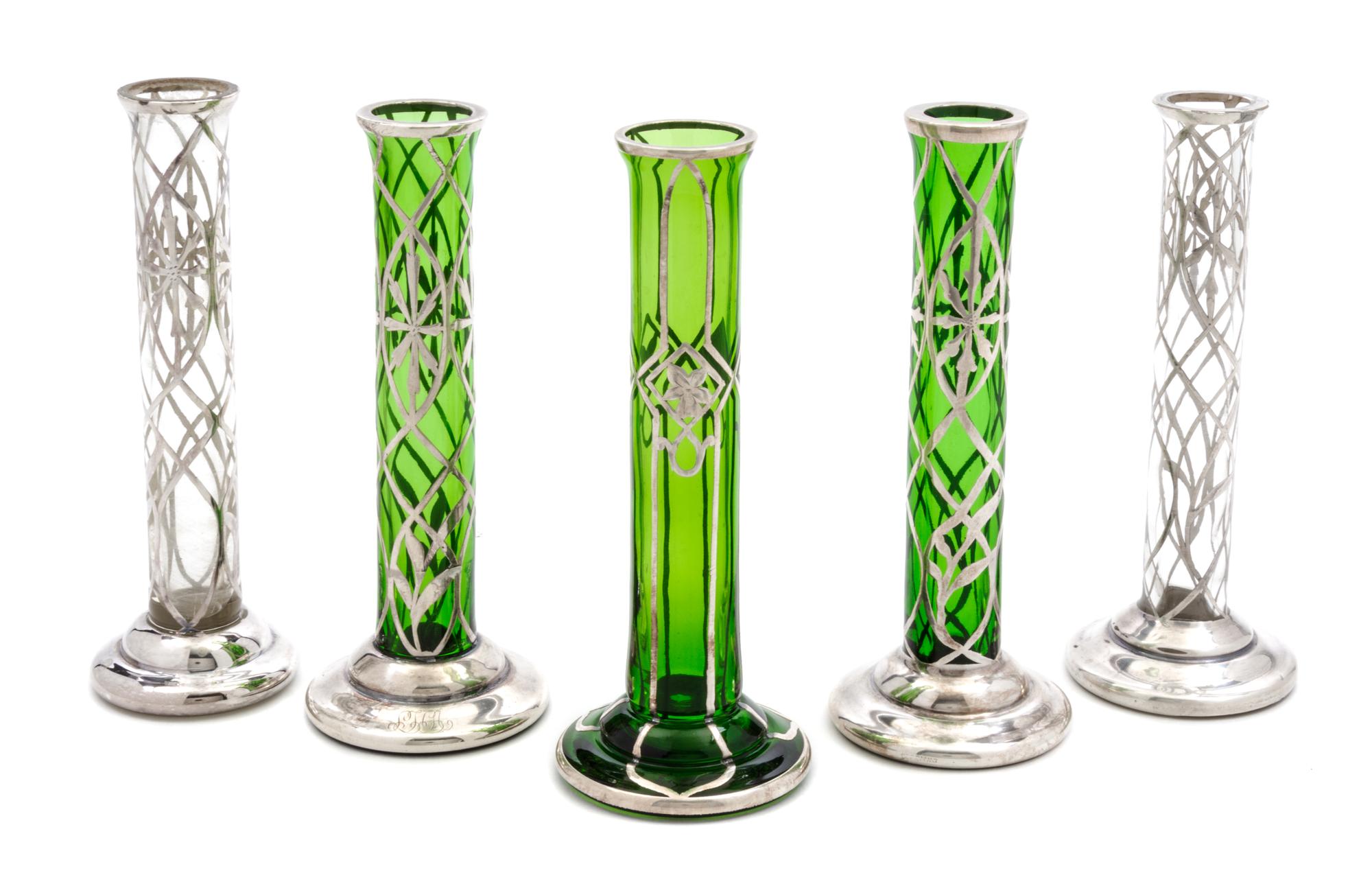 Five Silver Overlay Glass Bud Vases Height 6 3/8 inches.