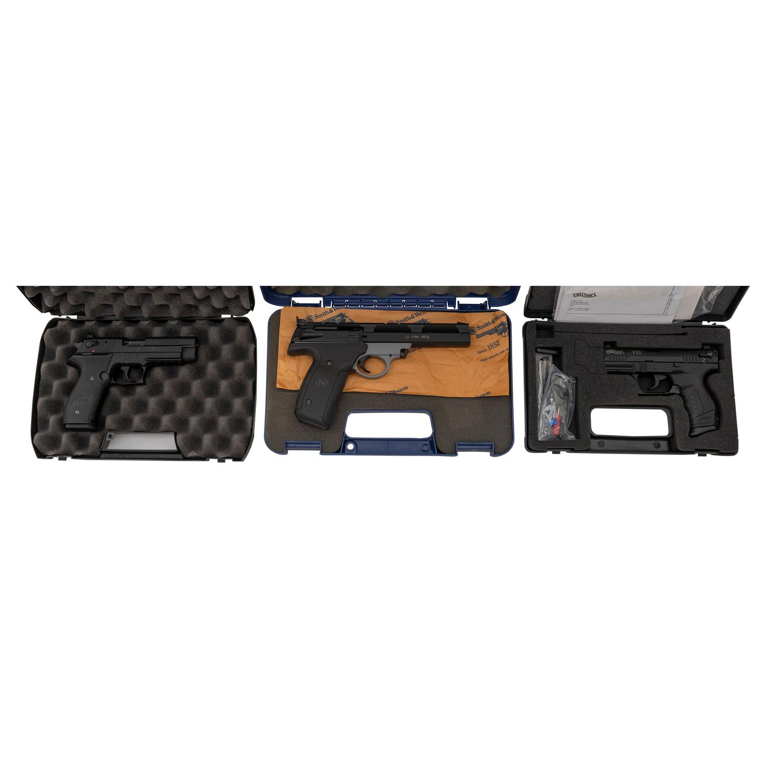 * Lot of Three .22 Pistols including Walther P22 in Box with Accessories, Sig Mosquito, and Smith & Wesson 22A-1