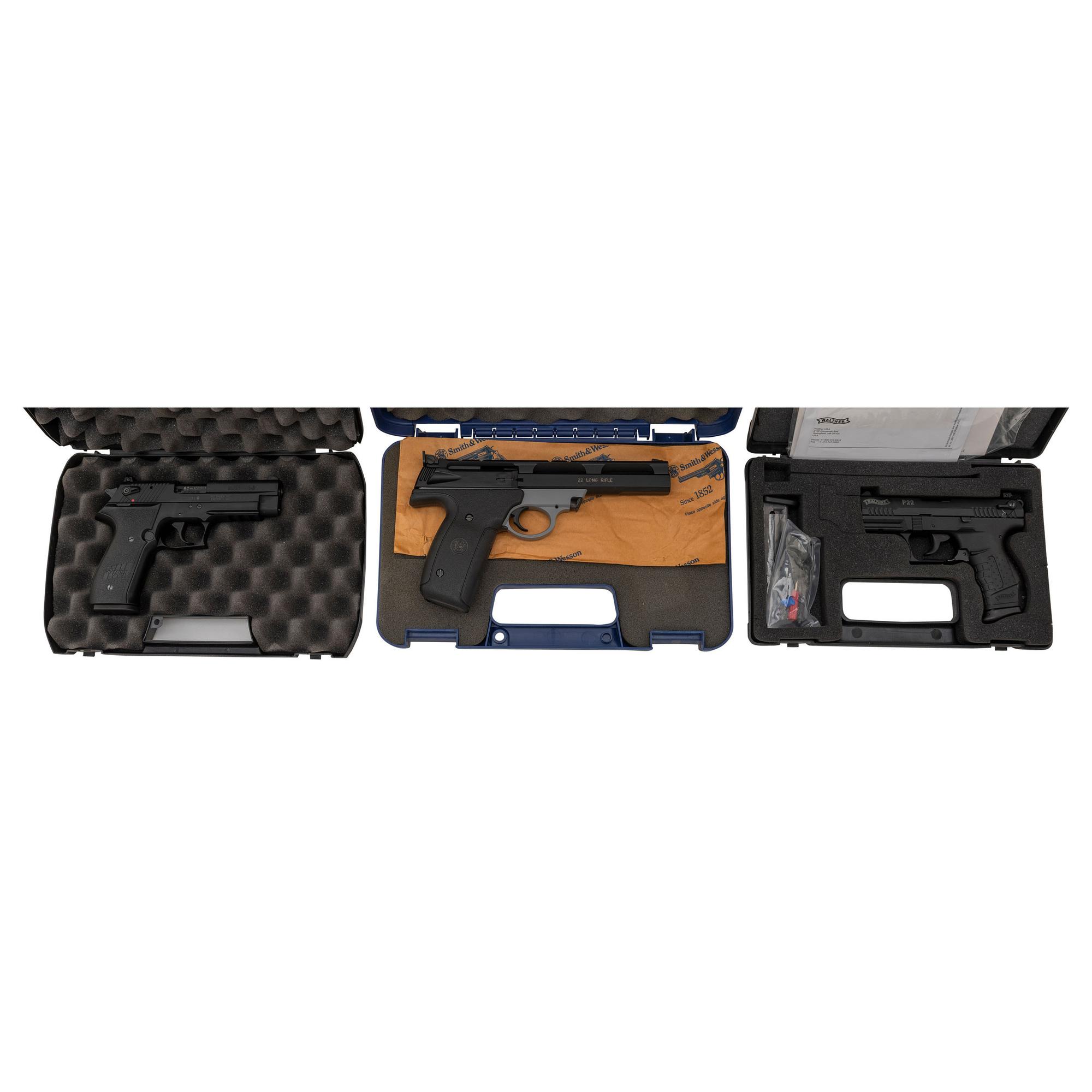 * Lot of Three .22 Pistols including Walther P22 in Box with Accessories, Sig Mosquito, and Smith & Wesson 22A-1