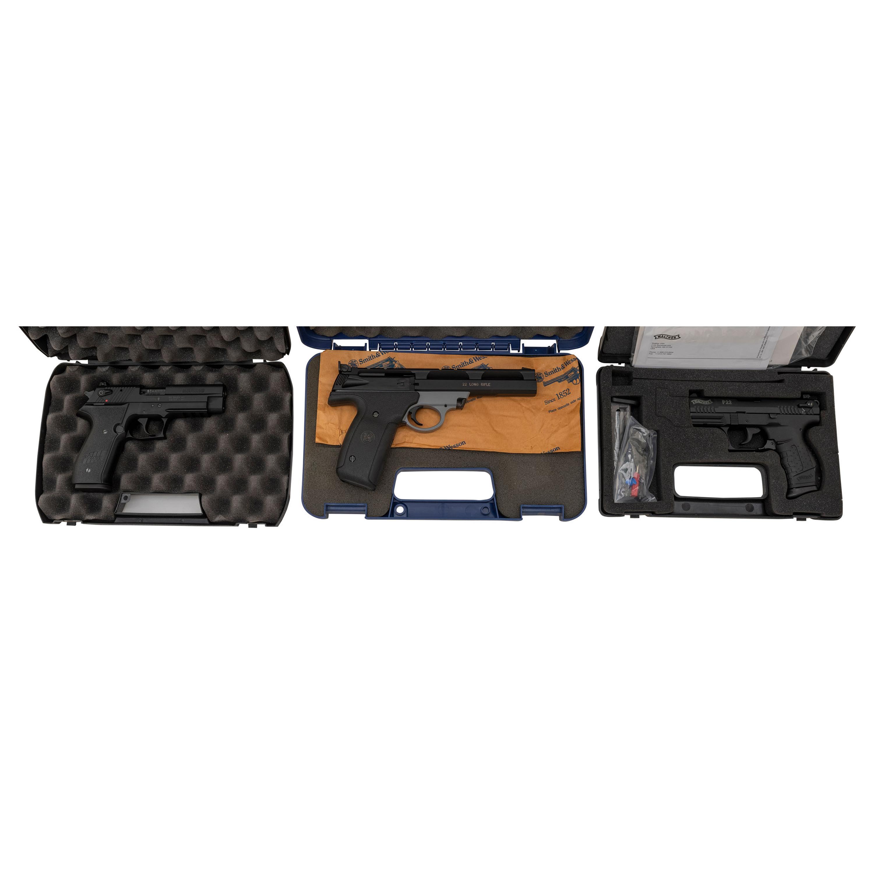* Lot of Three .22 Pistols including Walther P22 in Box with Accessories, Sig Mosquito, and Smith & Wesson 22A-1