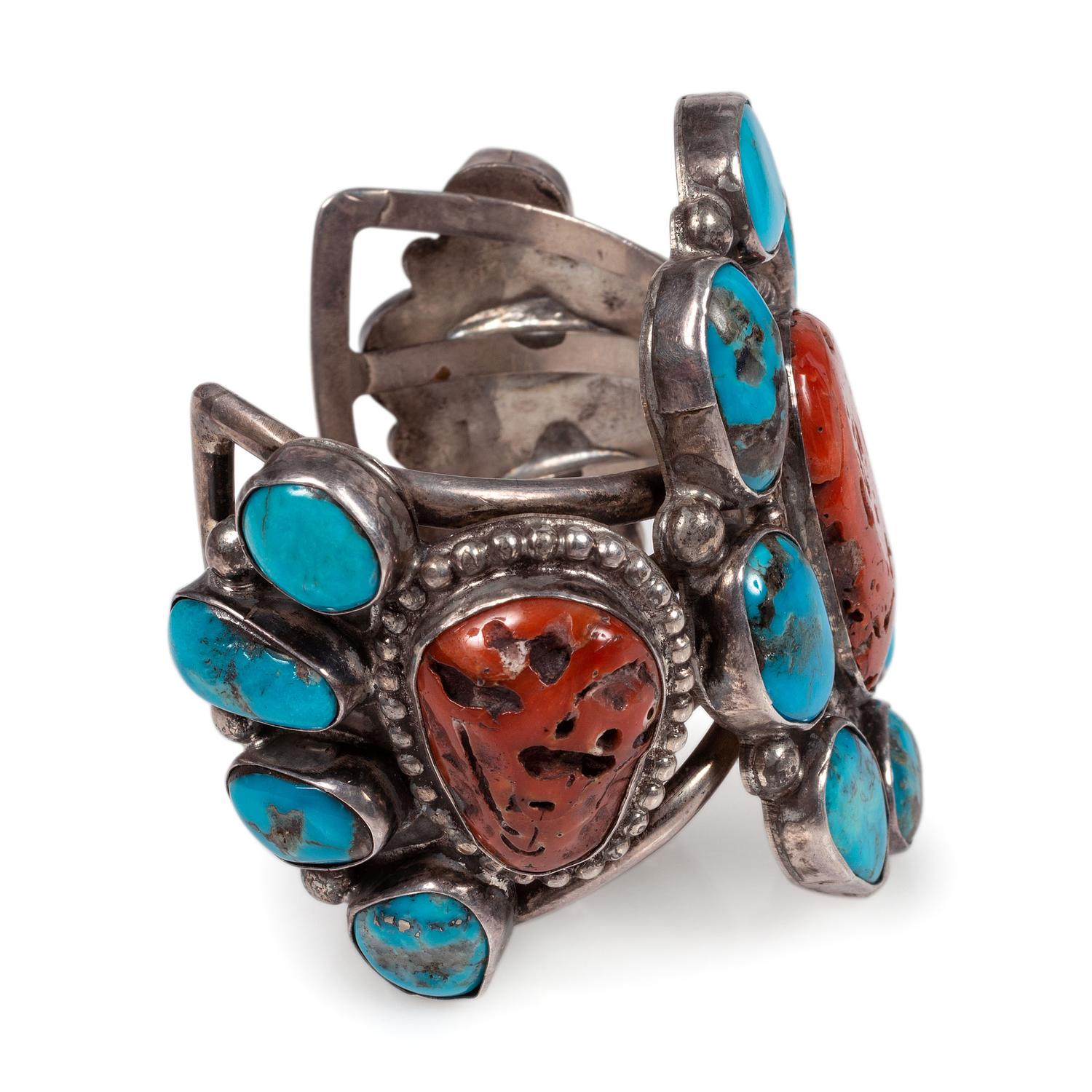 Navajo Silver Cuff Bracelet, with Turquoise and Coral Clusters