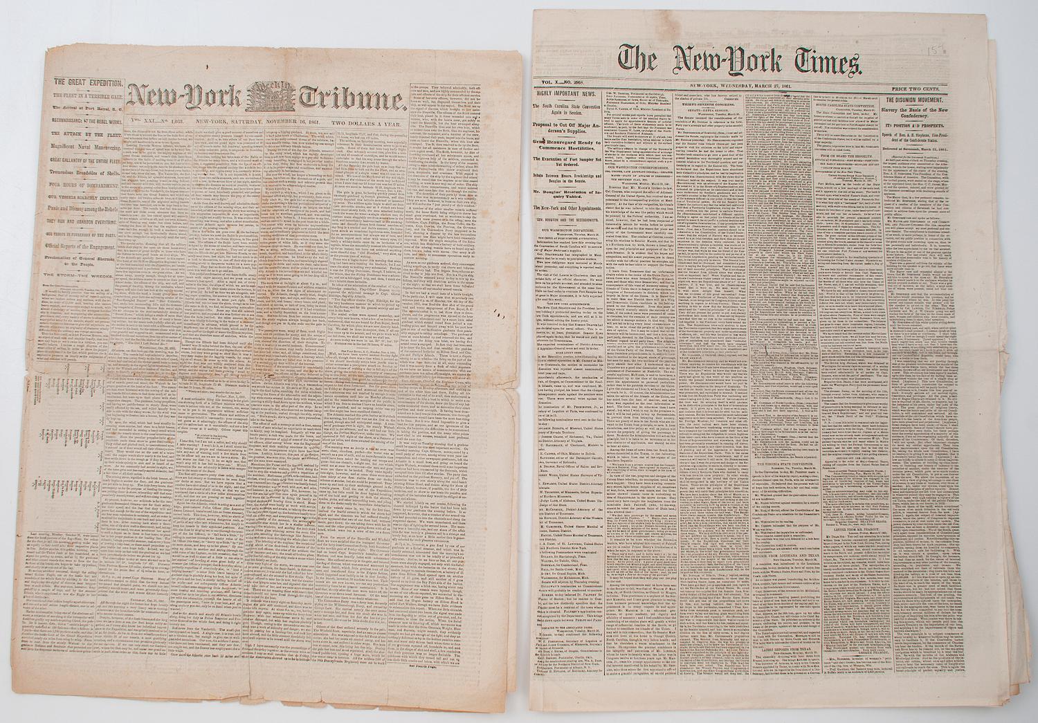 [CIVIL WAR]. A group of 7 newspapers from 1861, incl. pre-war and homefront news, featuring New York Times commentary on evolving CSA government.