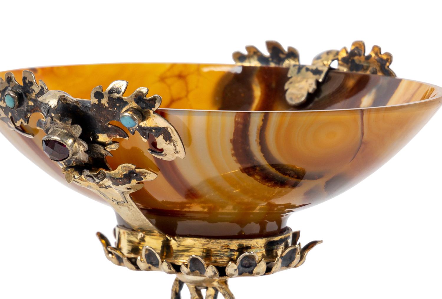 A German Enameled Silver-Gilt, Jewel and Carved Agate Cup