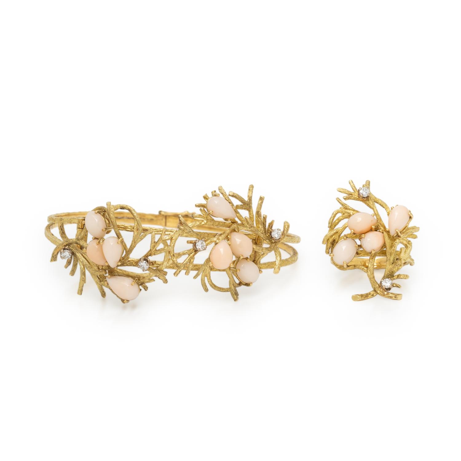 CORAL, DIAMOND, AND YELLOW GOLD RING AND BANGLE BRACELET
