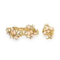 CORAL, DIAMOND, AND YELLOW GOLD RING AND BANGLE BRACELET
