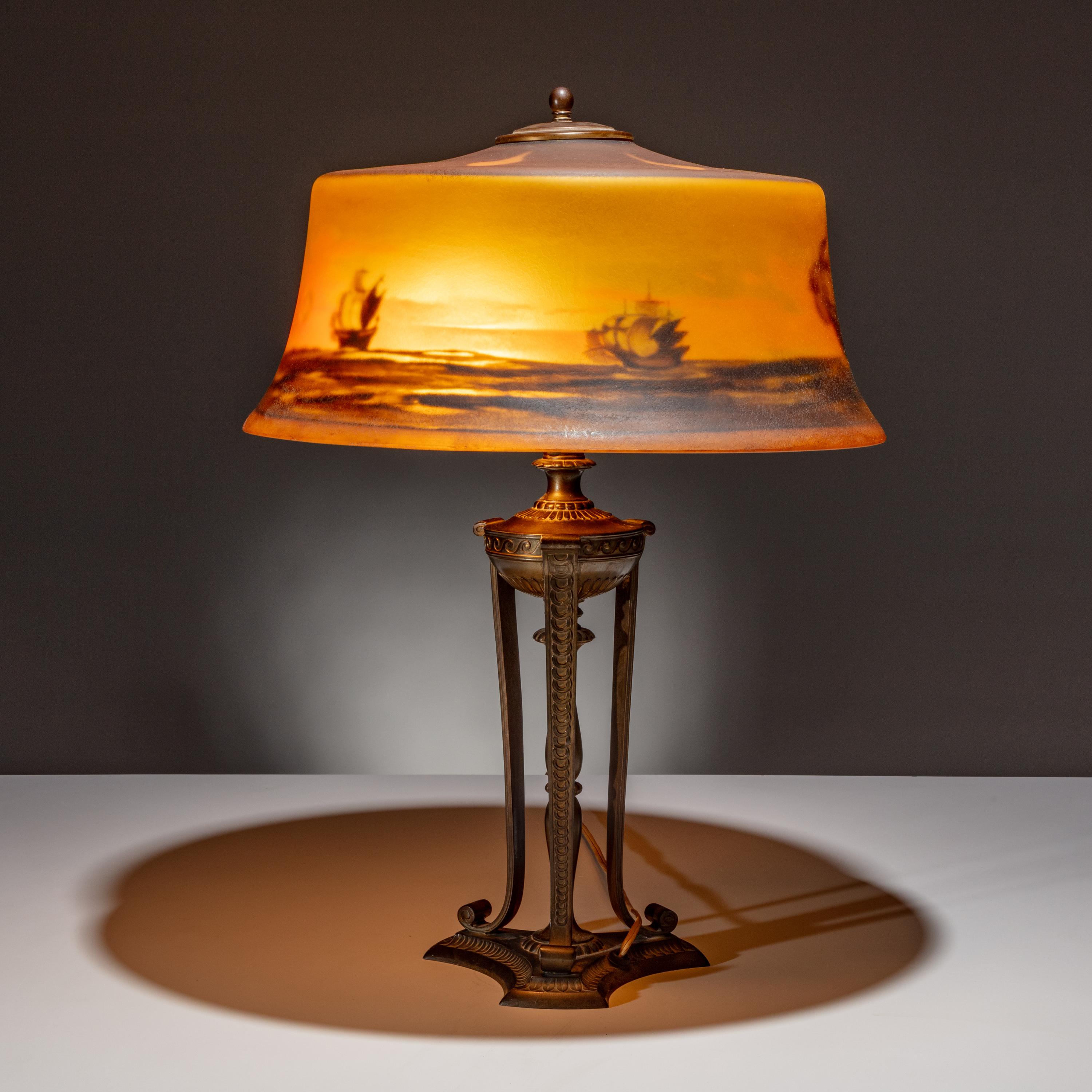 Pairpoint Corporation USA, Early 20th Century — Reverse-Painted Lamp, possibly depicting the Nina, Pinta, and Santa Maria , c. 1915