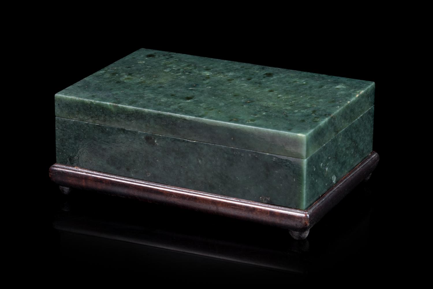 A Chinese Spinach Jade Rectangular Covered Box Length 5 inches. — 20TH CENTURY