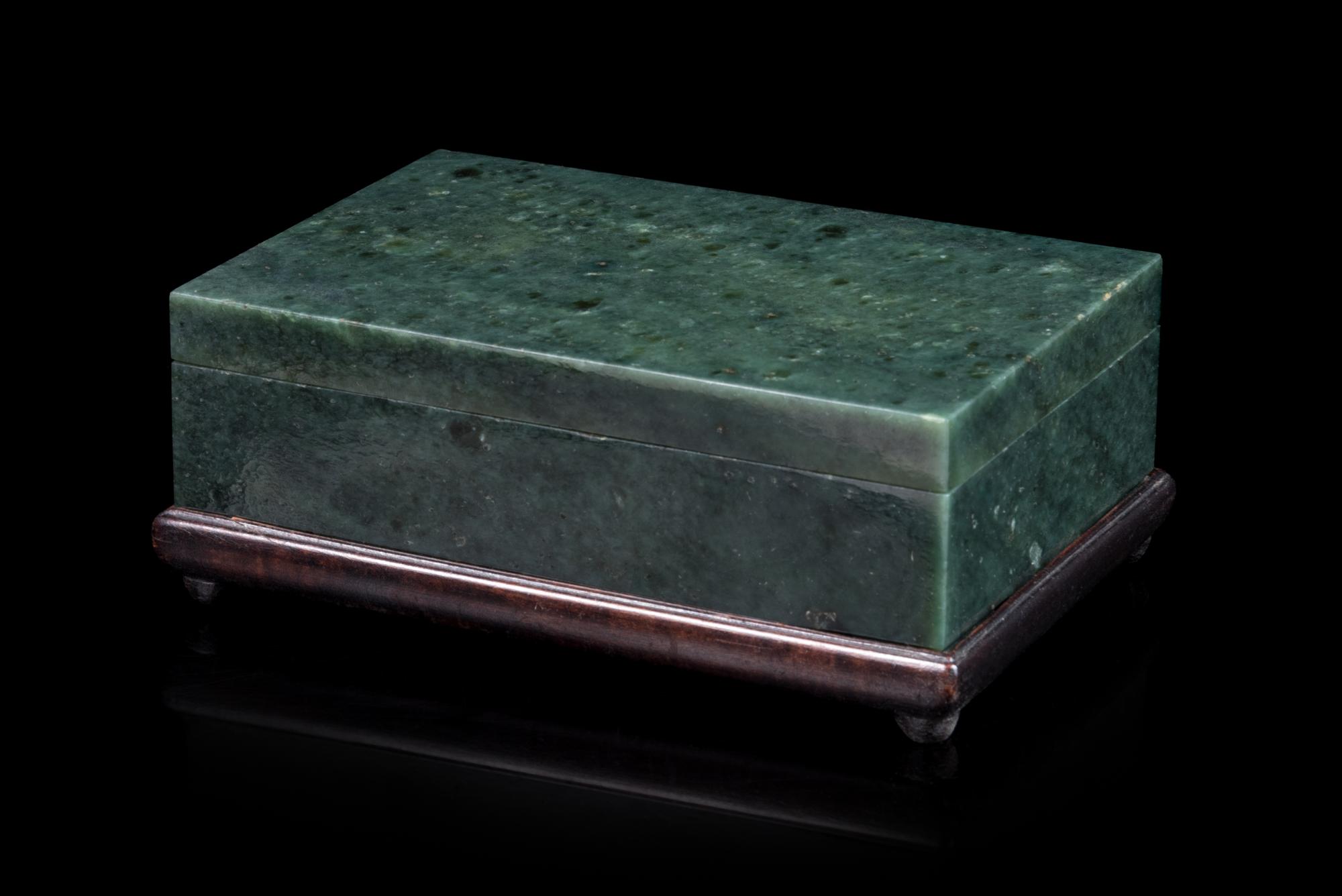 A Chinese Spinach Jade Rectangular Covered Box Length 5 inches. — 20TH CENTURY