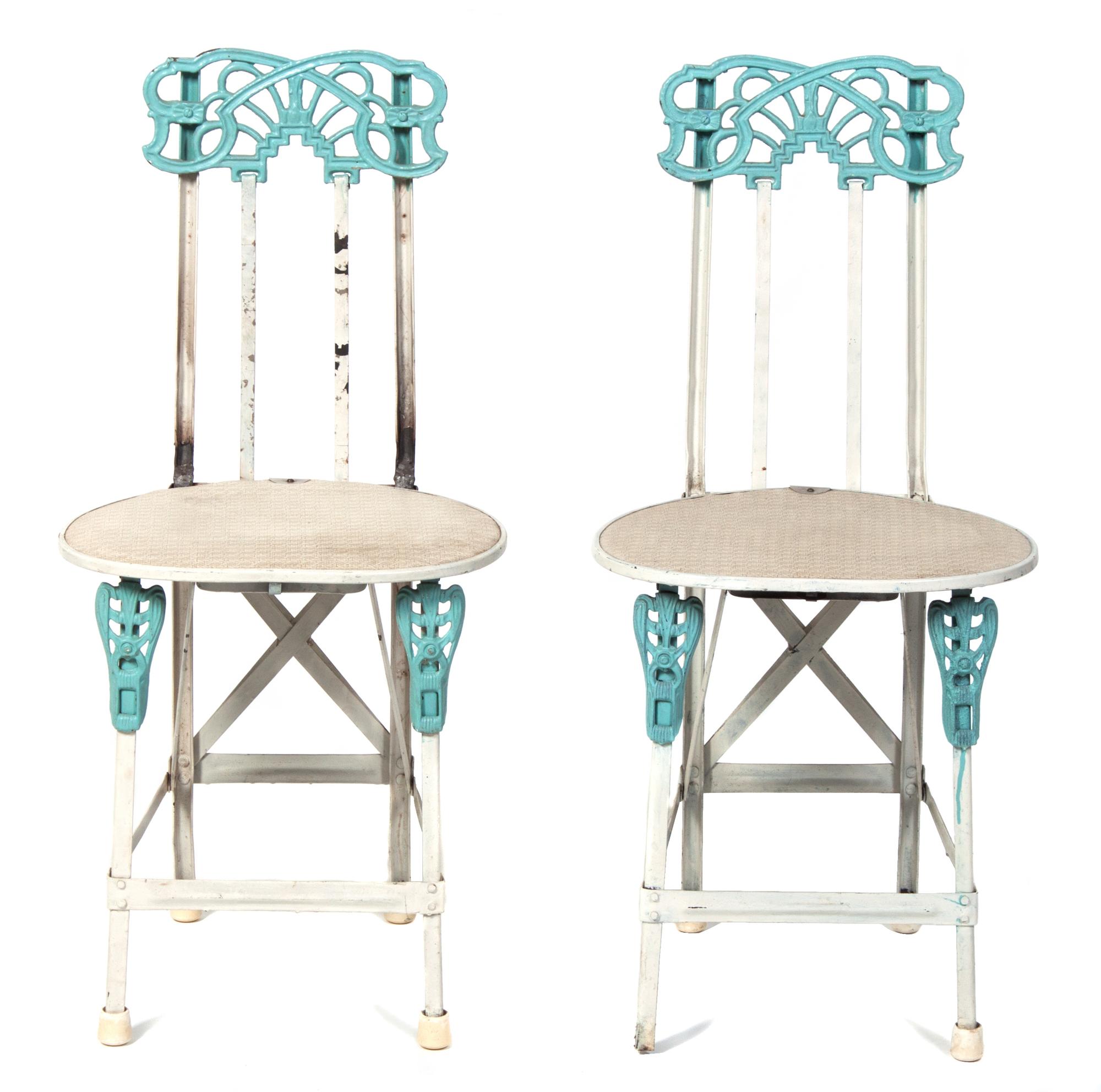 A Pair of French Painted Iron Folding Chairs Height 33 inches.